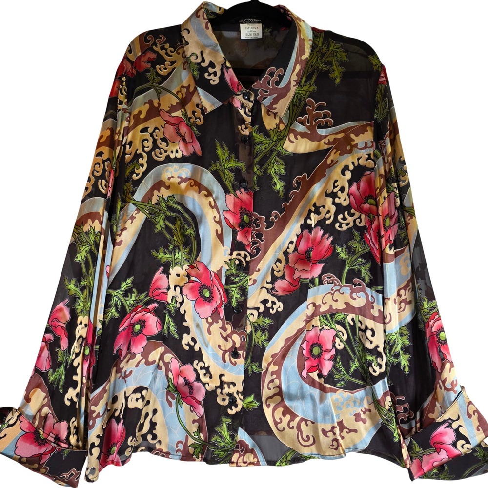 Vintage 90s Silk Burnout Blouse XL Sheer Poppy Floral Black Whimsigoth Boho